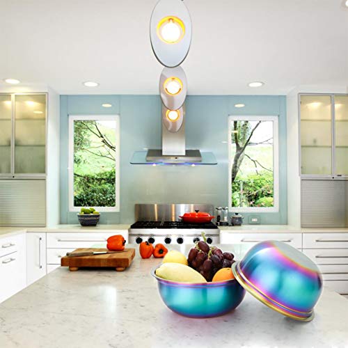 Rainbow Mixing Bowl Set of 2 with Lid 18/10 Stainless Steel Salad Bowl for Kitchen Cooking, Baking, Food Prep, Nesting Bowls With cover for Fridge Metal Storage cookware 2.6, 3.2 Liter Dishwasher Safe