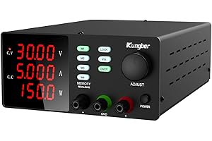 Kungber DC Power Supply Variable with Memory, 30V 5A Adjustable Switching Regulated DC Bench Linear Power Supply with Memory Recall and Output Disable Button 4 Digits Display and Alligator Leads