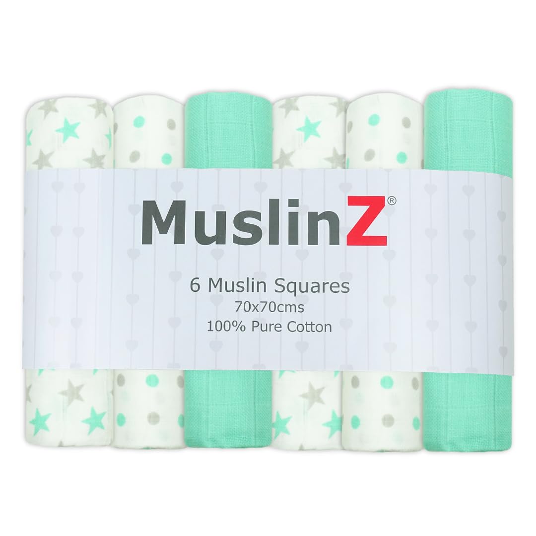 MuslinZ 6pk Baby Muslin Squares - Baby Burp Cloths - Muslins for Baby -100% Pure Soft Cotton - 70x70cm - Newborn Baby Essential (Mint Star, 70 x 70 cm (Pack of 6))