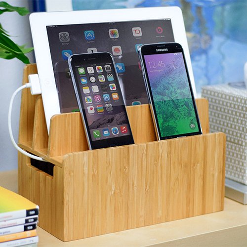 Bamboo Universal Multi Device Cord Organizer Stand and Charging Station