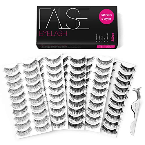 Eliace 50 Pairs 5 Styles Lashes Handmade False Eyelashes Set Professional Fake Eyelashes Pack,10 Pairs Eyes Lashes Each Style,Very Natural Soft and Comfortable,With Free EyeLash Tweezers