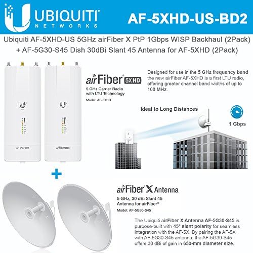 Ubiquiti AF-5XHD-US (2 UNITS) 5GHz airFiber X PtP 1Gbps Radio WISP Backhaul Performance + AF-5G30-S45 (2 UNITS) Dish 30dBi Slant 45 Antenna for airFiber X AF-5X