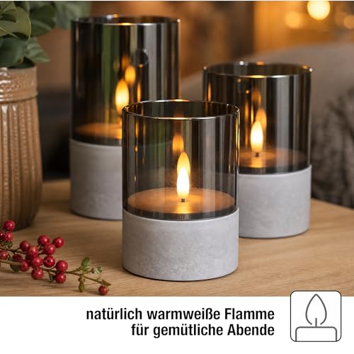 hellum LED Candles with Timer Function, Set of 3 LED Pillar Candles Outdoor, Flickering Flame, Grey, Diameter 8 cm, Heights 10/12.5/15 cm, 6 Hour Timer, Battery Operated (6 x AA, Not Included) 151992