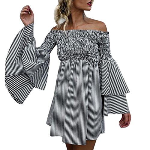 Mini Dress,Agrintol Casual Womens Holiday Off Shoulder Stripe Long Sleeve Party Dress (XL, Black)