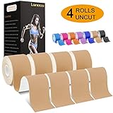 Laneco Kinesiology Tape(19.7ft Uncut Per Roll, 4 Pack), Latex Free Physio Tape, Breathable, Water Resistant Sports Tape for Muscles & Joints, Pain Relief and Injury Recovery, Free Taping Guide