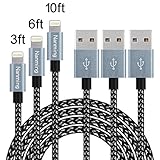 3Pcs 3FT 6FT 10FT Extra Long Nylon Braided Charging Cable Cord 8-Pin Lightning to USB Cable Charger Compatible with iPhone 7/ 7 Plus/6/6s/6 plus/6s plus, iPhone 5/5s/5c,iPad, iPod,iPod(Black+Gray)