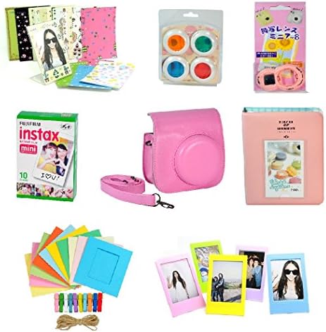Fujifilm Instax Mini 9 Camera 8-in-1 Accessories Bundle - PINK (10-sheet Print Pack, Case, Album, Close-Up Lens, Selfie Lens, Mini Frames, Polaroid Sticker Set, Wall Hanging Frame)