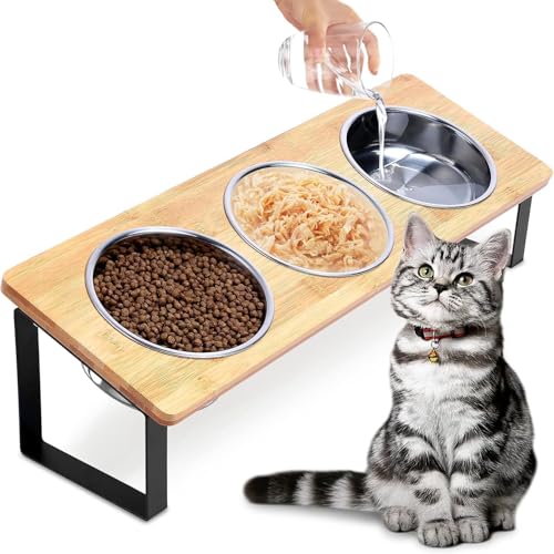 Last page® Elevated Cat Food Bowl, 15°Tilted Cat Bowl Stand with 3 Stainless Steel Raised Cat Bowls for Food and Water, Anti Vomit Feeding Station for Indoor Cats and Pet