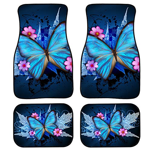 INSTANTARTS Animal Butterfly Print Fashion 4 Piece Car Floor Mat Universal Cute Vehicle Mats for Women Lady (Blue)