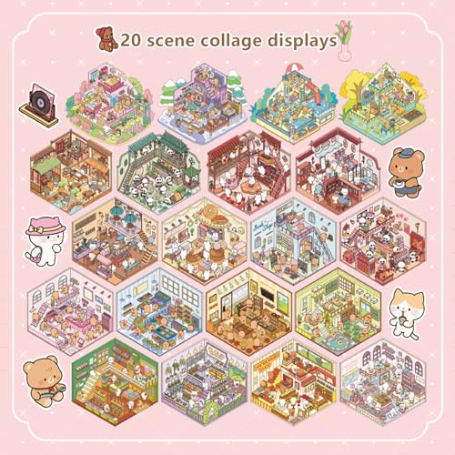 deegbbyi 20 Sets 3D House Stickers Fun, 3D House Stickers with 2 Tweezers, Miniature Sticker Scene, Fun Stacking for Adults and Children, Relieves Stress and Entertainment