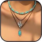 NOVYRA Layered Western Necklaces for Women Boho Multilevel Turquoise Necklaces Vintage Country Concert Ox-head Cactus Cross Chain Necklaces Trendy Accessories Western Jewelry for Women