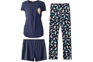 SUNNYBUY Womens Maternity Nursing Pajamas Set, Short Sleeve Breastfeeding Shirts，Pregnancy Shorts & Pants 3 Piece Nursing PJS