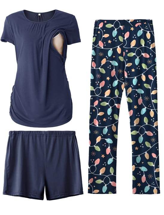 SUNNYBUY Womens Maternity Nursing Pajamas Set, Short Sleeve Breastfeeding Shirts，Pregnancy Shorts & Pants 3 Piece Nursing PJS, Navy&Christmas Lights 2XL Image
