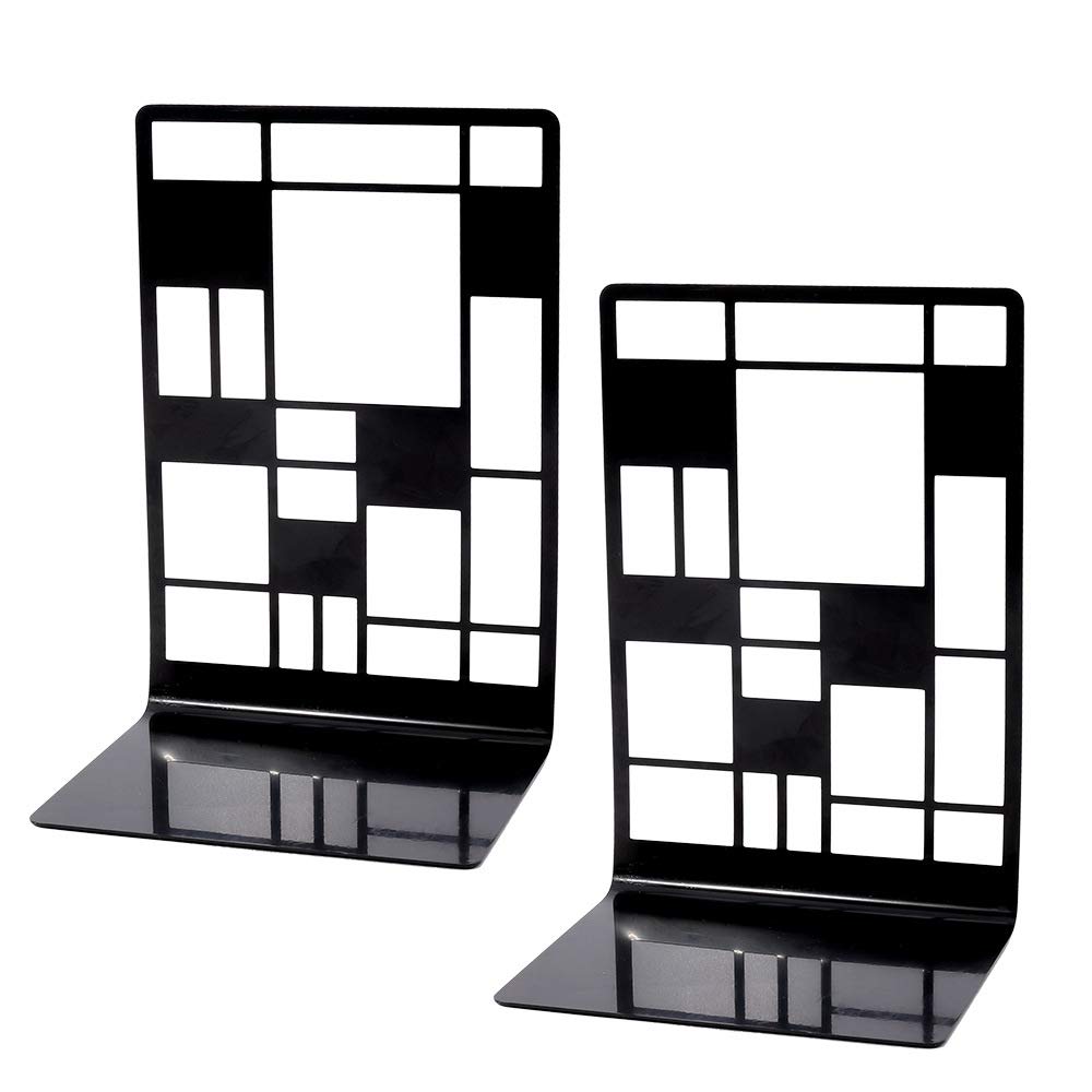 SIPLIV Minimalist Style Bookends Metal Adjustable Non Skid Books Holder Stand Book Rack Desk Bookends for School, Library, Home or Office - Checkered A (Black, 1 Pair)