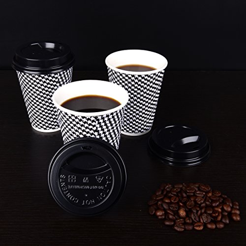 Disposable Hot Coffee Insulated Cups By Golden Spoon – 50 Pack Set Complete With Lids – Stylish Contemporary Ripple Design - Perfect For Take Away Coffee Shops And Bars (12 oz, Checkered Design)