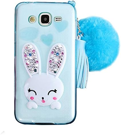 Samsung Galaxy J7 SM-J700F (2015) Case, GreenDimension Clear Soft TPU 3D Cute Cartoon Rabbit (Bunny) Bling Diamond Ear Kickstand Silicone Protective Case with Hairball Pompon Wristlet Hand Strap Blue
