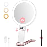 MIYADIVA Travel Makeup Mirror with Lights, Height Adjustable 30X/1X Double-Sided Magnifying Mirror, Portable Vanity Mirror with Digital Display &amp; Phone Holder, Handheld Tabletop Hanging, Rose Gold