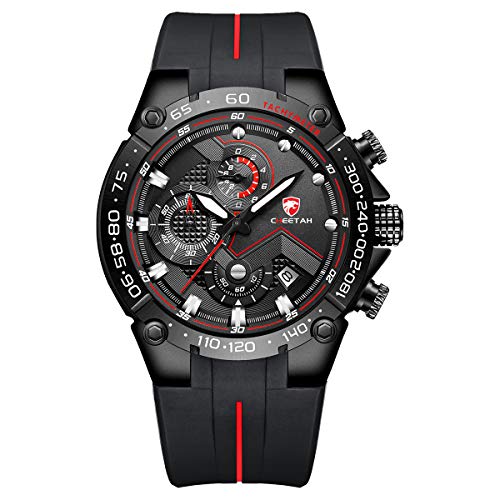 CHEETAH Mens Chronograph Watch Outdoor Waterproof Military Tactical Style Quartz Sports Watches for Men with Rubber Strap, Black Red, Chronograph,Quartz Movement