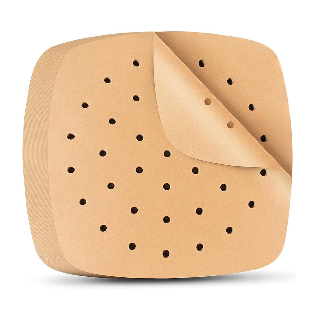 Air Fryer Paper Liners,Lahviuu 100 pcs Brown Baking Air Fryer Parchment Paper Perforated Baking Liners Nonstick Airfryer Liners,for Kitchen Cooking Pastries Catering Use(21.5 * 21.5cm)