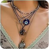 JAGWQRK Layered Evil Eye Necklace for Women, Boho Bead Vintage Long Necklaces Green Compass Pendant Fashion Jewelry