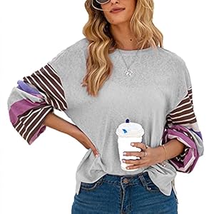 XYJD Lente en zomer dames ronde hals stiksels gestreepte casual lange mouwen trui losse top trui trui T-shirt vrouwen