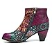 socofy Block Heel Ankle Booties,Women's Bohemian Splicing Pattern Side Zipper High Block Heel Ankle Leather Boots