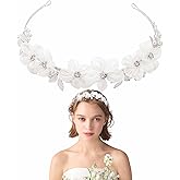 Heogacinlia White Tulle Flower Headband Flower Women Girl Headpiece Rhinestones Wedding Flower Headband Princess Crystal Pearl Hair Accessories for Wedding Birthday Party First Communion Tiara