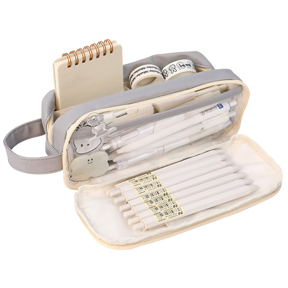 JIHUOO Large Capacity Pencil Case Bag PVC Pencil Pouch Double Layered Pen Bag Aesthetic Pen Pouch Toiletry Bag School Supplies Grey