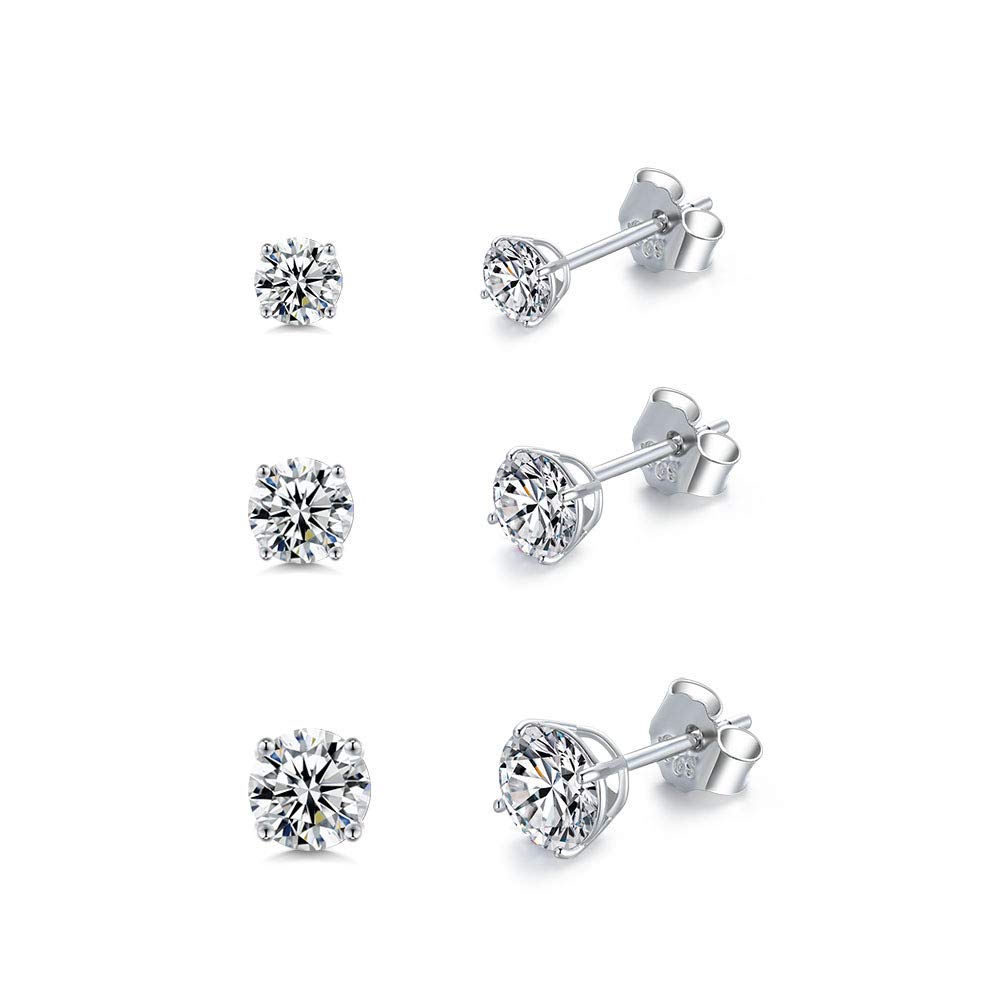 PRETTERY Silver Stud Earrings for Women, 3 Pairs Sterling Silver Cubic Zirconia Stud Earrings Set, White Gold Plated Sleeper Cartilage Studs with Clear 5A Cubic Zirconia, Size 3-5mm