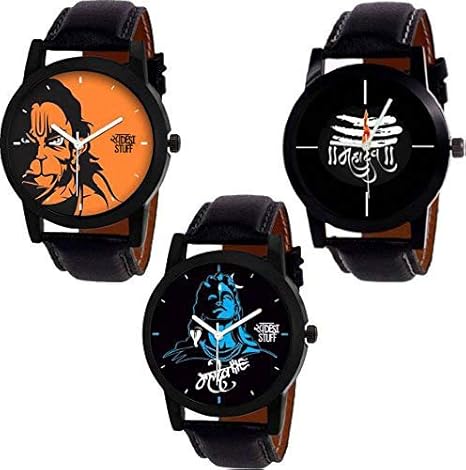 Swadesi Stuff Stylish Black Leather Strap Designer Watch of Lord Shiva Hanuman Combo of 3 Watches for Men & Boys