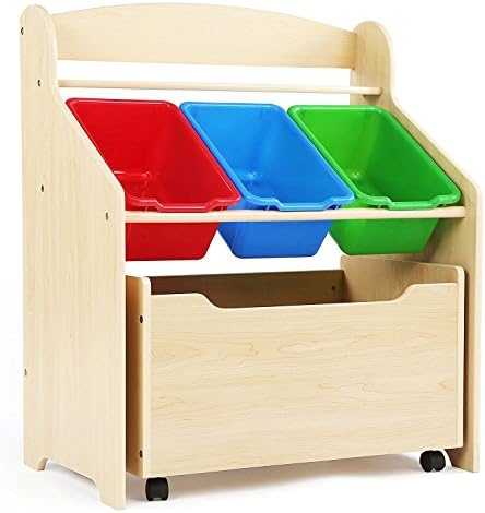 Kids Wooden Toy Box Organizer Storage Chest With Bins Bookshelf- Natural Wood Finish Beautiful- Functional Portable With Wheels- 3 Plastic Tubs Giant Wood Roll Out Removable Bin- Bots Girls Toddlers