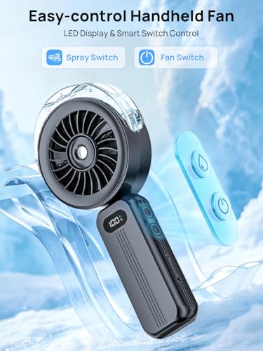 HandHeld Misting Fan Portable - High Speed Hand Held USB Rechargeable Fans with Mist & LED Display, 6000mAh Battery Operated Personal Small Mini Foldable Desk Desktop Fan for Travel Outdoor (Black)