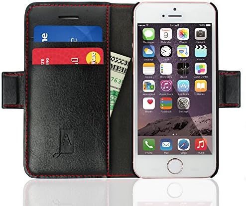 iPhone SE, 5, 5S Wallet Case by ALEYNA, Real Genuine Leather, Luxury Business Wallet Case, Folio Kickstand Function, Flip Case, Gift Box - Black