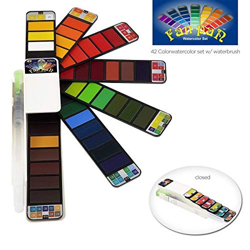 Fan-PAN Watercolor Paint Set - 42 Assorted Colors, Portable Foldable Pocket Artist Grade Professional Travel Watercolor Paint Kit w/ Paint Brush – Perfect for Creativity Field Sketch & Outdoor Painting for Kids & Adults