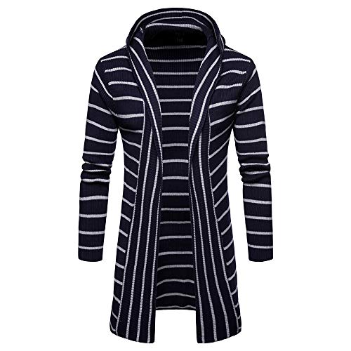 GOVOW Men's Jackets Lightweight Casual Hooded Solid Knit Stripe Coat Cardigan Long Sleeve Tops(L,Navy )