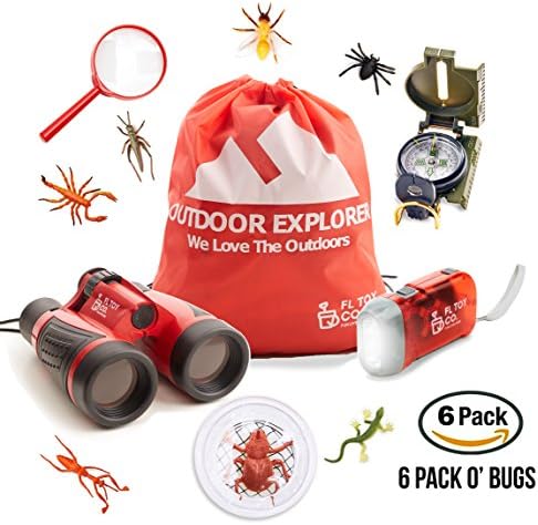 Outdoor Adventure Exploration Kit for Kids: Educational gifts, binoculars, compass, flashlight, backpack, magnifying glass and realistic bugs. Perfect for childrens pretend play exploring nature.