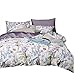 Wake In Cloud - Birds Duvet Cover Set, Sateen Cotton Bedding, Watercolor Botanical Floral Flower Tree Leaves Pattern Printed in Light Purple Lilac, with Zipper Closure (3pcs, Queen Size)
