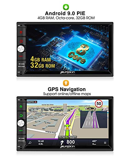PUMPKIN Android 9.0 Car Stereo Double Din with 4GB, GPS and WiFi, Android Auto, Support Fastboot, Backup Camera, USB SD, 7 Inch Touch Screen