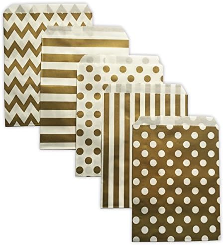 Gold Paper Party Treat Bags 60 Count 5x7 Chevron Stripe Polka Dot W/Clear Seals