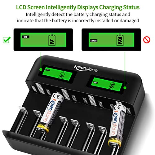 Keenstone Intelligentes Batterieladegerät, NI-MH NI-CD AA AAA C D, Universal-Schnellladung mit Typ C/Micro USB, LCD-Display, freistehender Steckplatz und Auto-Dection (8 unabhängige Ladekanäle)