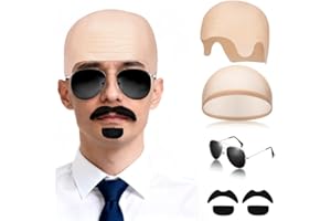 FVCENT 5 PCS Bald Cap Costume Set with Glasses Fake Beard Hair Suitable for Women Men Makeup Dance Halloween Cosplay Black