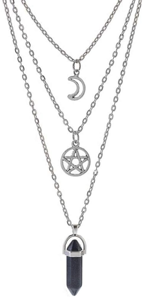 MJartoria Moon Pentagram Necklace Pentacle Chakra Charm Pendant Multi Layer Alloy Chain Choker Necklace Set Gothic Jewelry (Silver star hexagonal column-3pcs): Clothing