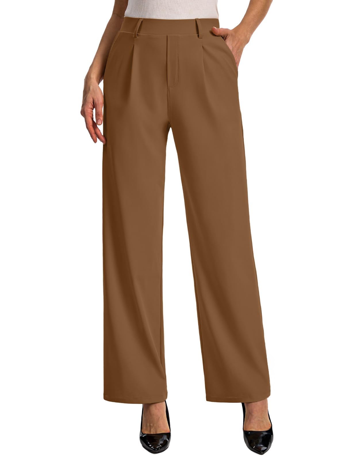View 1 of (LARGE) Feiersi Womens Dress Pants Wide Leg Stretchy Work Pants High Waisted Pull On Casual Trousers with Pockets(Coffee,Large)