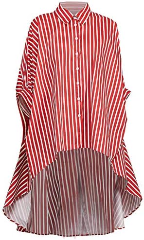 Senggeruida Women Striped Print Batwing Sleeve Dip Hem Loose Blouse