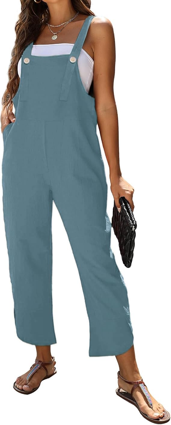 Photo 1 of AMEBELLE Women's Sleeveless Cotton Linen Overalls Rompers Baggy Wide Leg Jumpsuits(1450-Cyan-S)