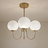 passong Mid-Century Modern 3-Light Sputnik Chandelier, Brass Gold Ceiling Light with Milk Glass Globes, Vintage Inspired Heig