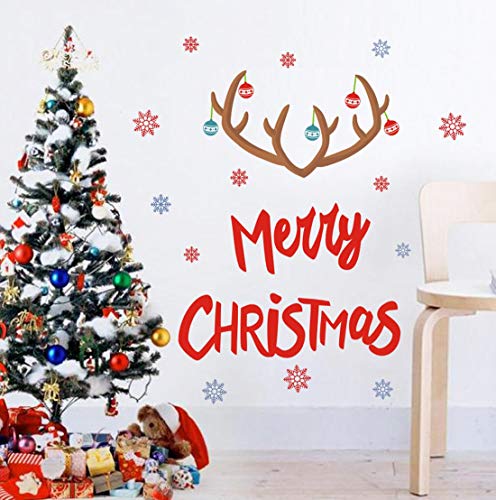 Merry Christmas Quote Wall Decals(22 Decals), Snowflake Winter Stickers, Antler Small Bell Wall Art for Xmas Party Supplies Window Clings Nursery Decor