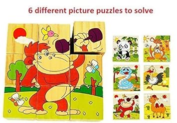 Mayatras Early Age 6 in 1 Wood Block Puzzles for Small Kids. (Funny Animals/Zoo Animals Theme)