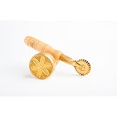 La Gondola Set of 2 Pasta Tools - Round Corzetti (Corsets) 1.97in Ravioli Stamp &amp; Pasta Cutter Festooned Wheel | Brass &amp; Natural Wood | Easy to Use Pasta Cutting Tools | Ravioli Cutters Made in Italy