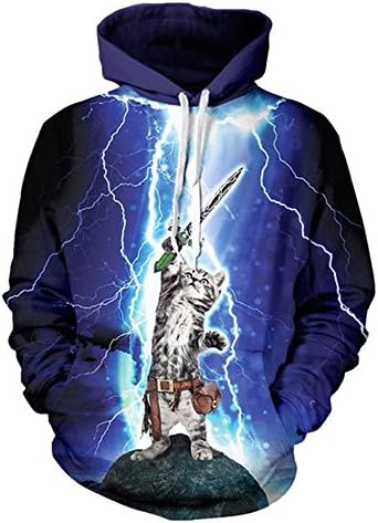 ISTider 3D Hoodie Sweater Unisex Space Galaxy Pockets Pullover Sweatshirt (XXL/3XL, Lightning Cat)
